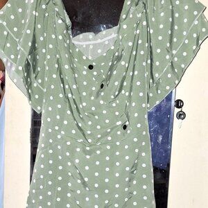 Green OFF SHOULDER Polka Dot Button-Up Blouse Sz 14W New , Free Shipping